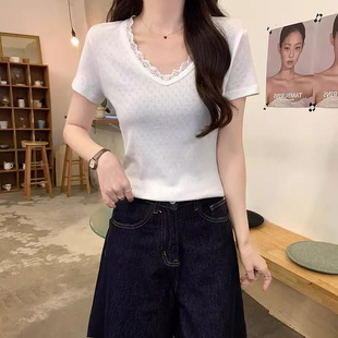显瘦短款 白色蕾丝v领短袖 设计感小众修身 t恤女2025夏季 上衣 新款