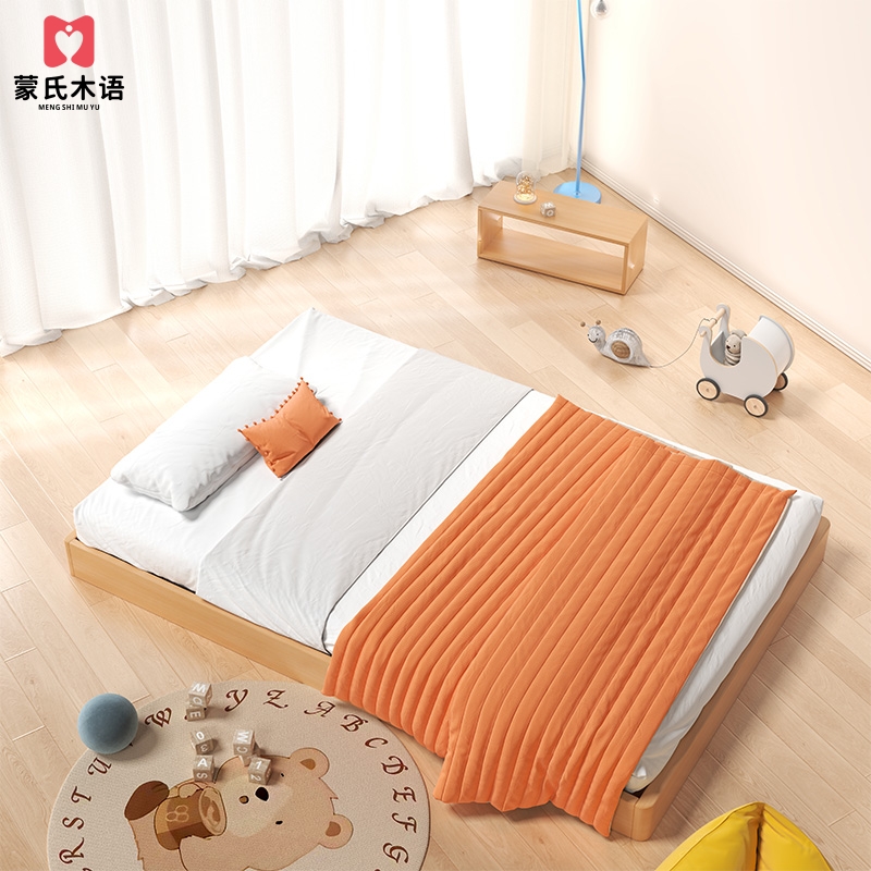 蒙氏木语榉木儿童床男孩女孩实木小户型民宿地台青少年原木单人床