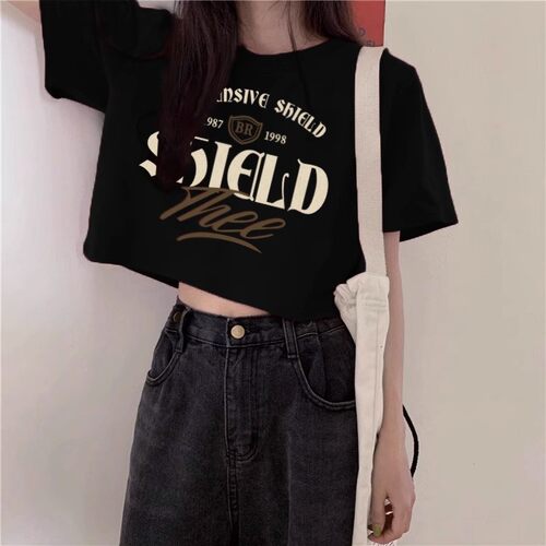 正肩短袖t恤女2026新款夏季酒红色纯棉修身显瘦小个子短款上衣潮