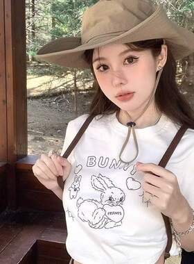 白色兔子印花纯棉修身露脐T恤