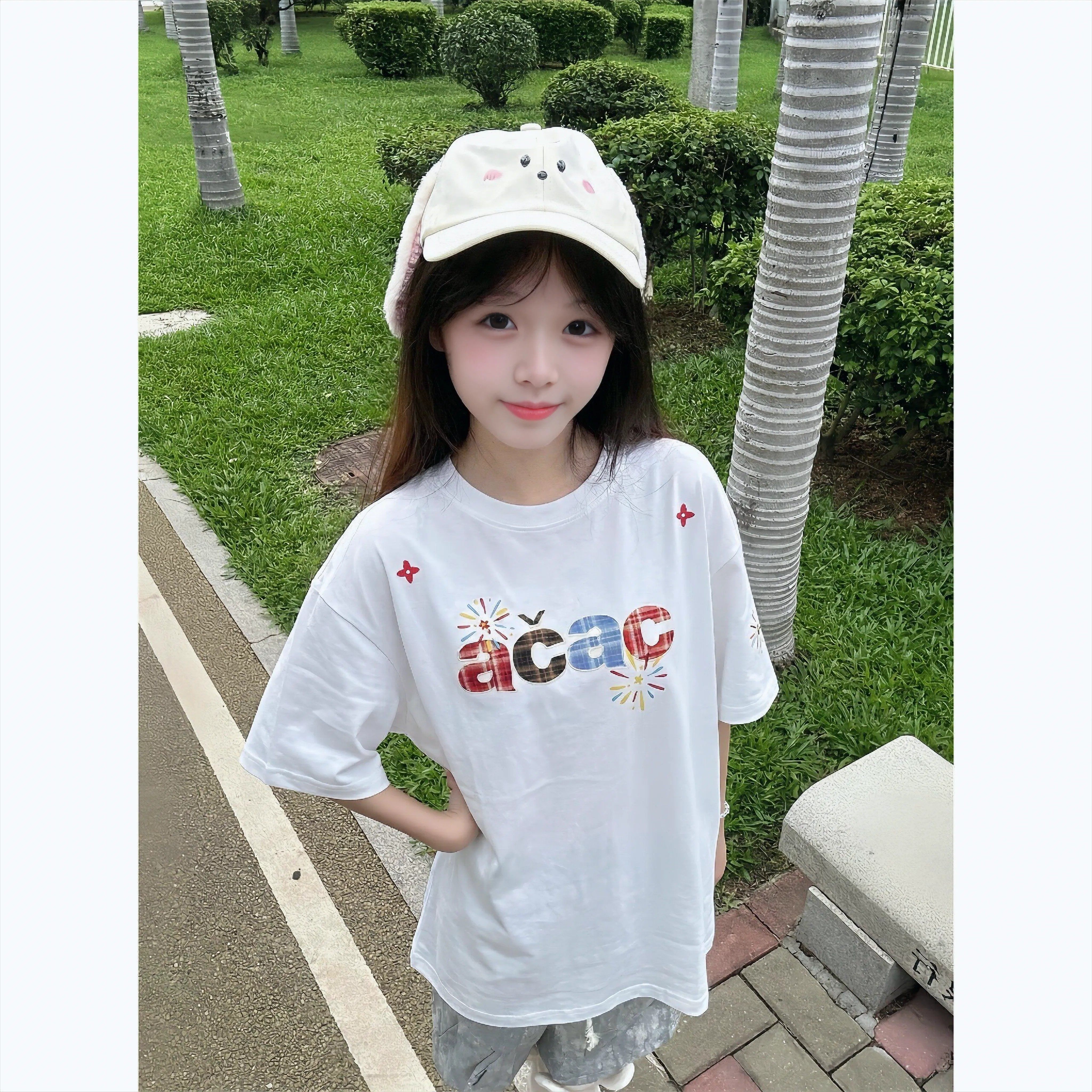 国潮牌贴布刺绣短袖t恤女大童夏装初中高中学生美式宽松半袖上衣