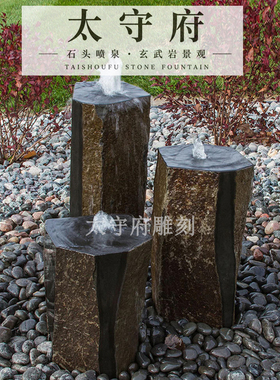 石雕水景天然玄武岩流水石柱庭院户外涌泉造景水钵喷泉景观六方石