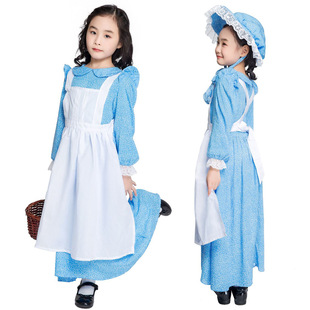 殖民时期开拓者女童演出服 蓝色柔软亲肤童裙 英国先锋女孩连衣裙