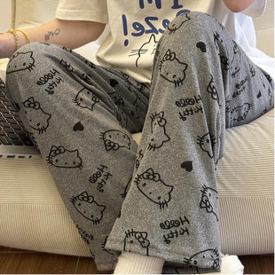 爆款德绒宽松休闲KT字母猫百搭柔软可外穿家居睡裤女生卡通日常风