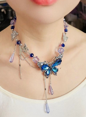 新款水滴蝴蝶锁骨链深蓝色小众复古蝴蝶水晶气质项链高级感颈链女
