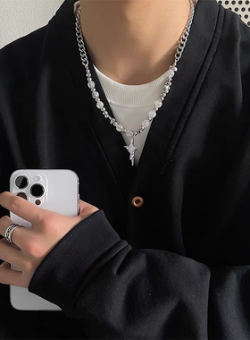 新款不规则冰裂珠十字架项链拼接钛钢不掉色男女小众设计感锁骨链