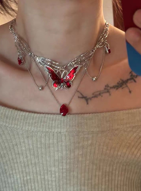 甜酷小众红色滴釉蝴蝶流苏多层项链锁骨链颈链y2k辣妹