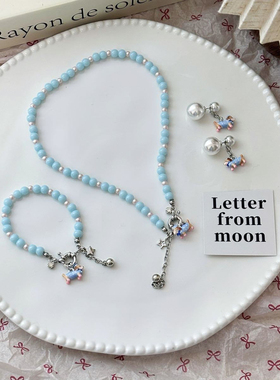 抖音可爱款颈链腊肠狗珍珠项链耳环手链饰品斑点新款串珠蓝粉春夏