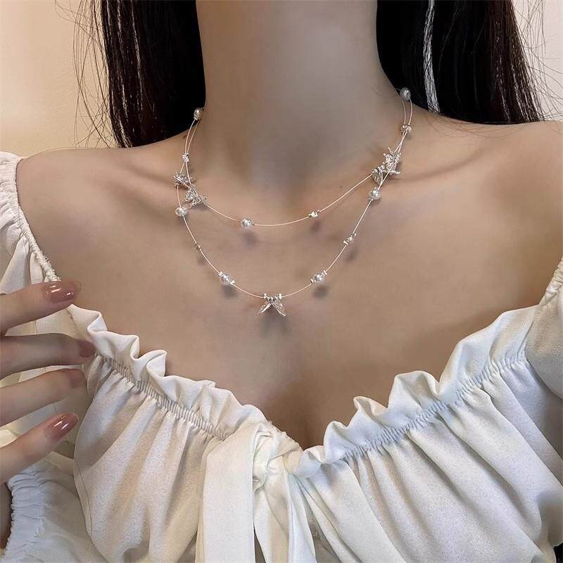 双层珍珠蝴蝶锁骨链女ins简约冷淡风通勤百搭配饰配裙子超仙项链