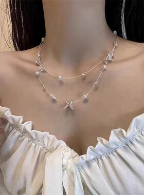 双层珍珠蝴蝶锁骨链女ins简约冷淡风通勤百搭配饰配裙子超仙项链