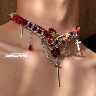 复古红色丝绒蝴蝶眼睛十字架项链小众设计感锁骨链choker辣妹颈链