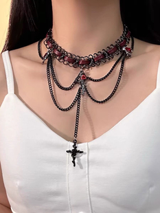 甜酷chocker美拉德红色皮质流苏十字架项链欧美复古哥特多层项链