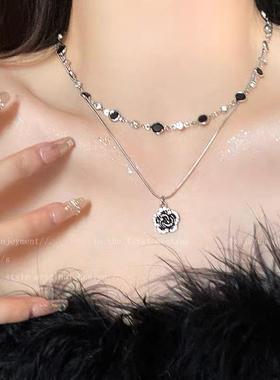 双层叠戴玫瑰项链女夏天气质百搭锆石锁骨链轻奢小众高级卫衣链女