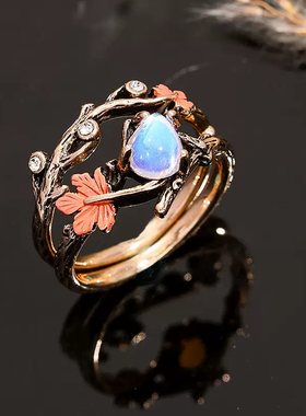 跨境新款复古金枝枫叶戒指高级纪恋日送礼物指环戒指女小众设计