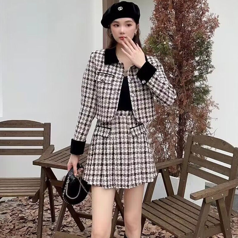 格纹小香风套装女百褶短裙两件套