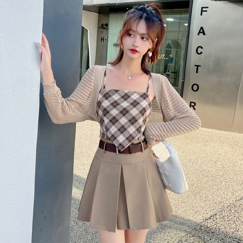春夏格子吊带开衫半身裙三件套女