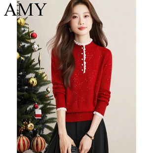 2025冬装新款半高领法式蕾丝拼接毛衣红色宽松短款高级感上衣女装