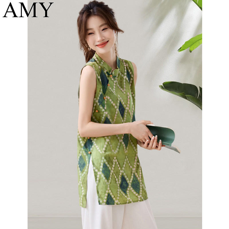 2025夏季新款遮屁股覆古改良旗袍T恤无袖开 叉盘扣中式国风上衣女