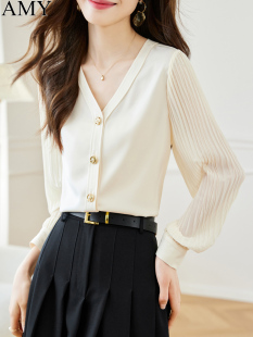 服装 2025新款 独特 雪纺衬衫 美丽优雅轻松职场V领上 褶皱长袖 秋季