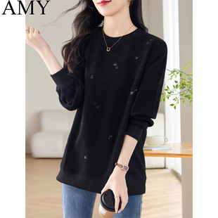 2025春装新款黑色慵懒风遮屁股卫衣经典圆领套头宽松时尚上衣女装