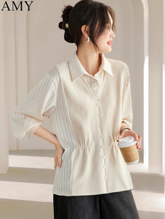 长袖 2025秋装 气质显瘦条纹时尚 宽松假两件针织拼接衬衫 上衣女 新款