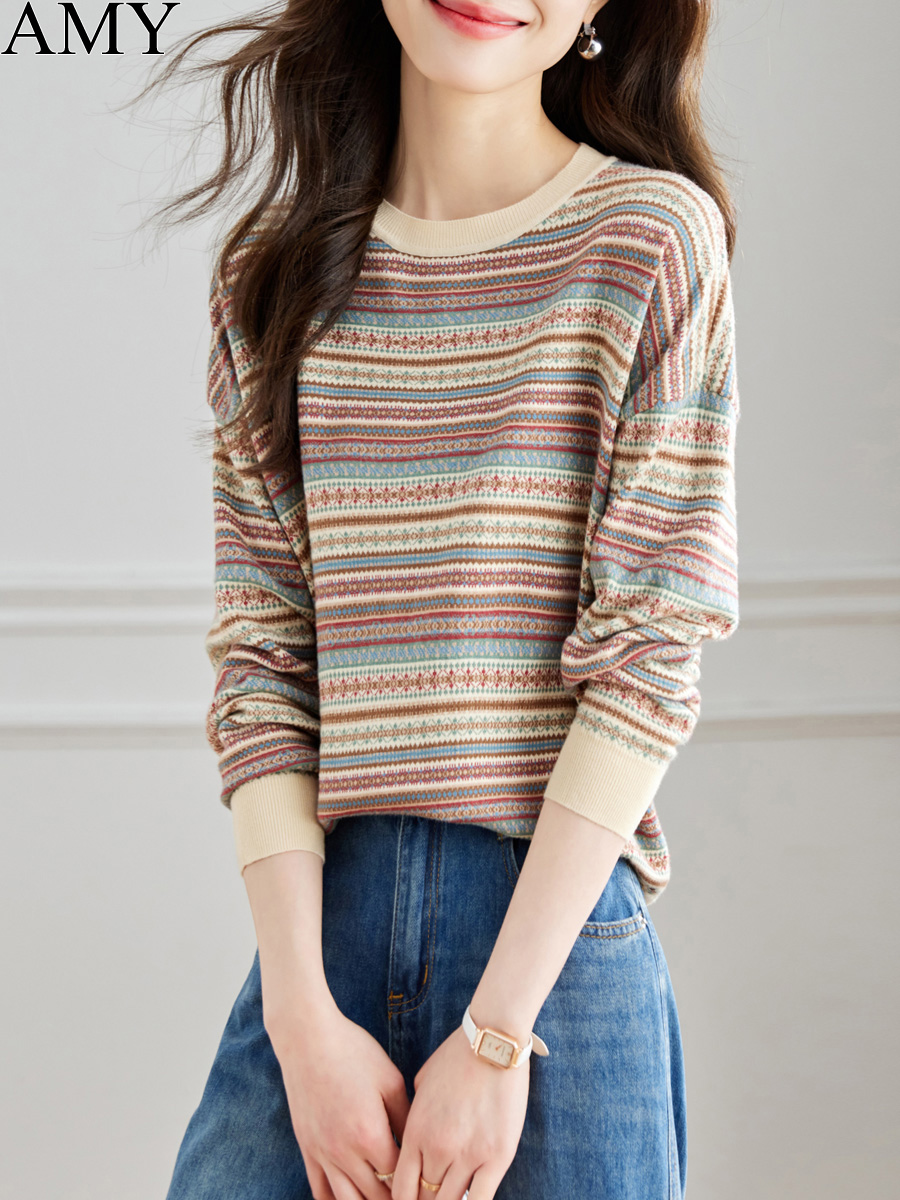 2025早秋新款设计感小众条纹上衣圆领宽松休闲复古打底针织衫女士