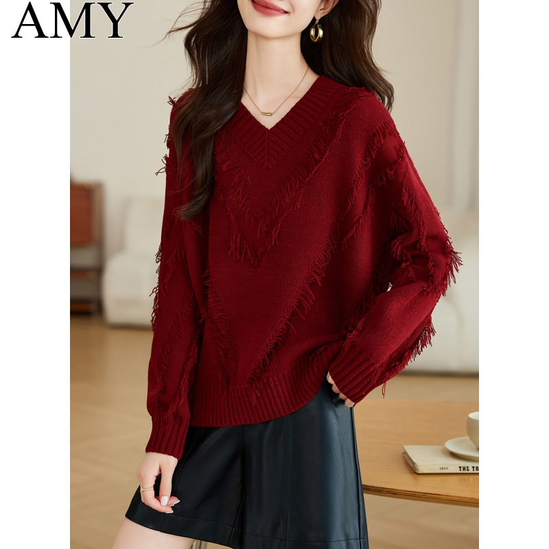 冬季大码宽松遮肚子时尚红色毛衣2025新款V领慵懒针织衫上衣女装
