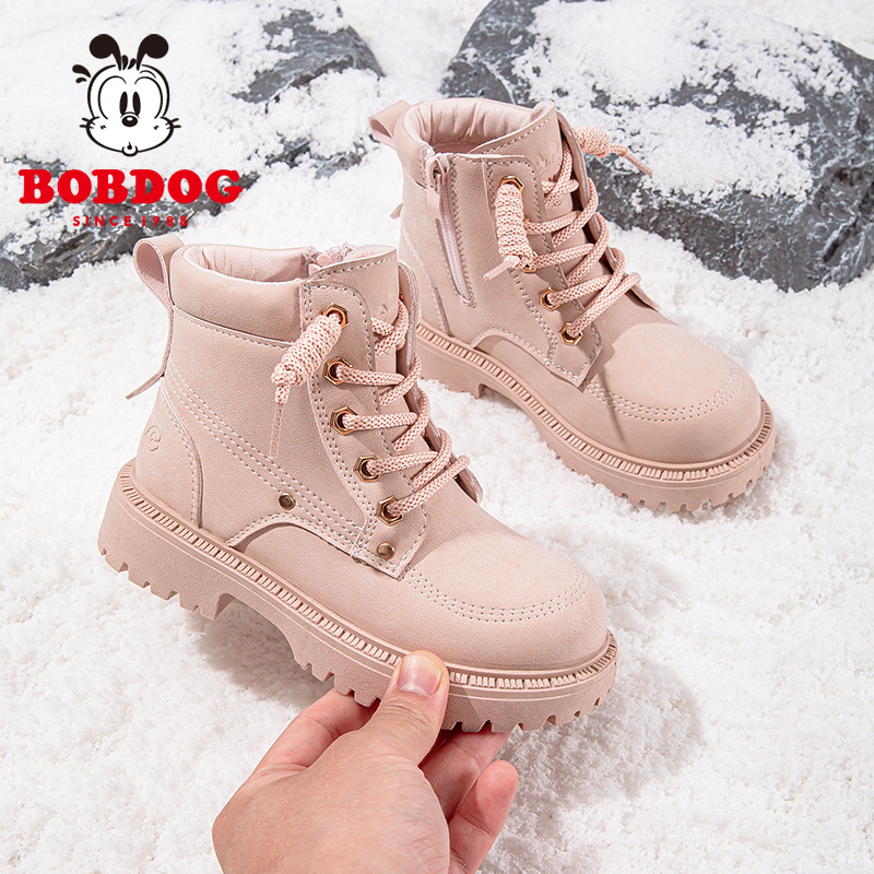 巴布豆儿童鞋女童马丁靴2024新款秋冬款加绒保暖棉靴女孩儿童靴子