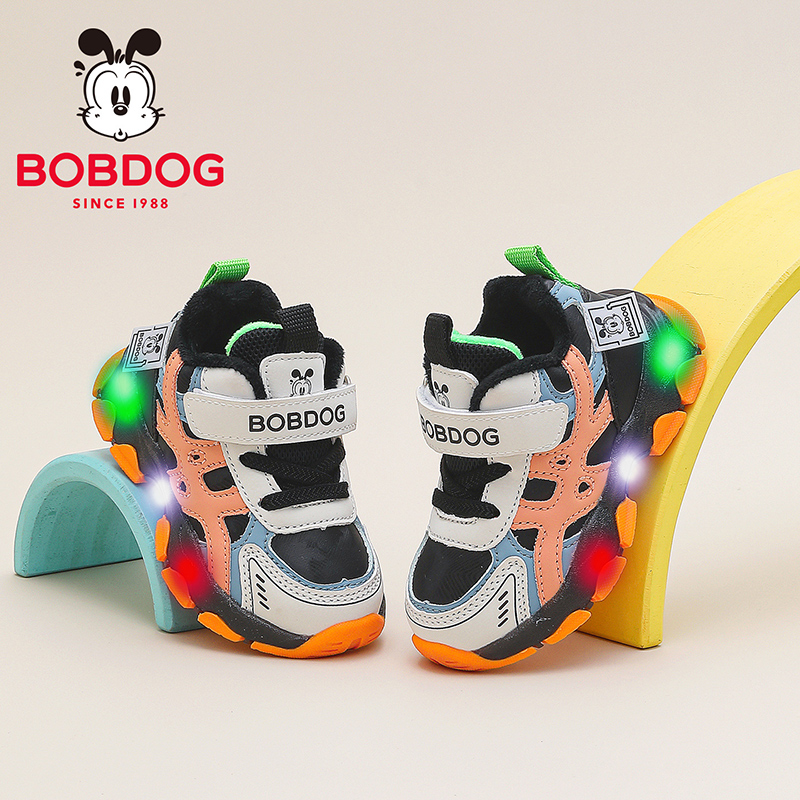 巴布豆童鞋男宝二棉鞋2025新款冬季加绒男童宝宝鞋闪灯儿童学步鞋