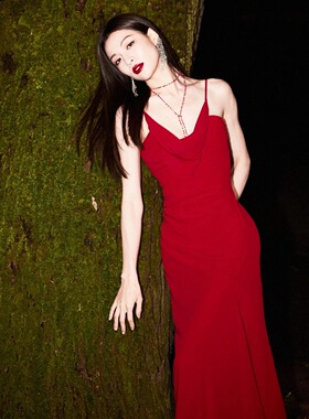 钟楚曦红色吊带连衣裙荡领礼服party礼服裙新娘敬酒裙伴娘连衣裙