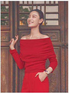 2025倪妮同款一字领毛衫年货款红色毛衣针织衫性感敬酒款新娘毛衣