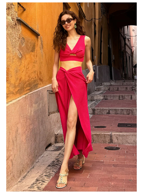 钟楚曦同款镂空针织背心半身裙套裙开叉裙子女旅行度假必穿明星款