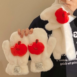 卡通红苹果围巾女2024新款 保暖加厚防风学生围脖女 毛绒围巾秋冬季