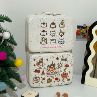 斑点猫咪化妆箱便携式大容量护肤出差收纳化妆包pu皮革收纳手提箱