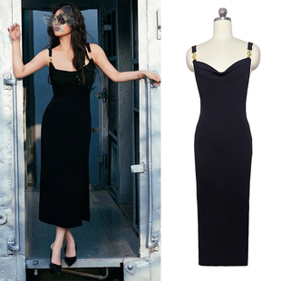 YANG自制马思纯同款黑色荡领吊带连衣裙修身显瘦气质中长款针织裙