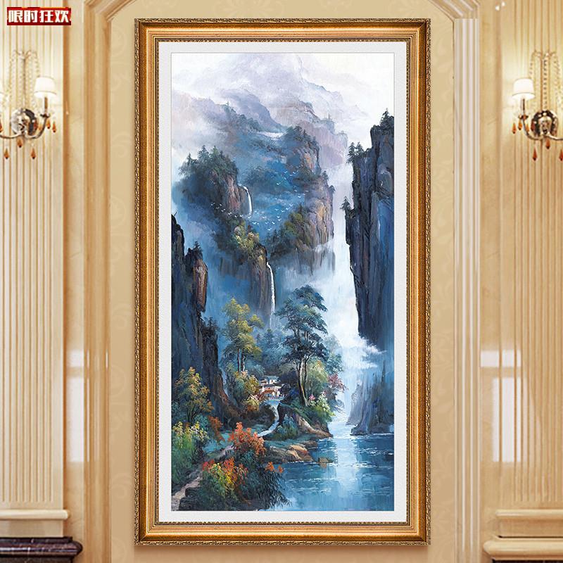 水油画竖版玄关装饰画美式客厅R挂画欧式走廊风景壁画聚宝盆风水