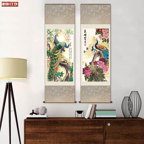 画丹凤朝阳花鸟画孔雀开屏挂画p孔雀如意富贵图客厅装饰画丝绸画