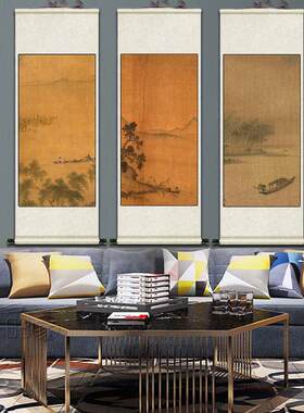 舟柳塘图装饰画名家仿古字画画吴镇人物图m丝绸卷轴画山水画