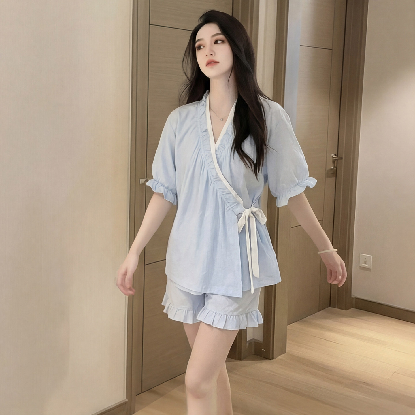 新中式系带睡衣女士春夏季2026新款蝴蝶印花短袖带胸垫家居服套装