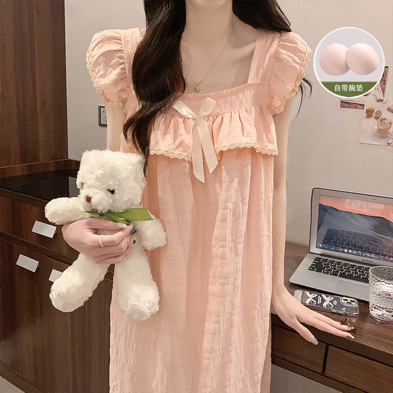 带胸垫睡裙女夏季梭织棉2026新款吊带睡衣防凸点甜美家居服可外穿