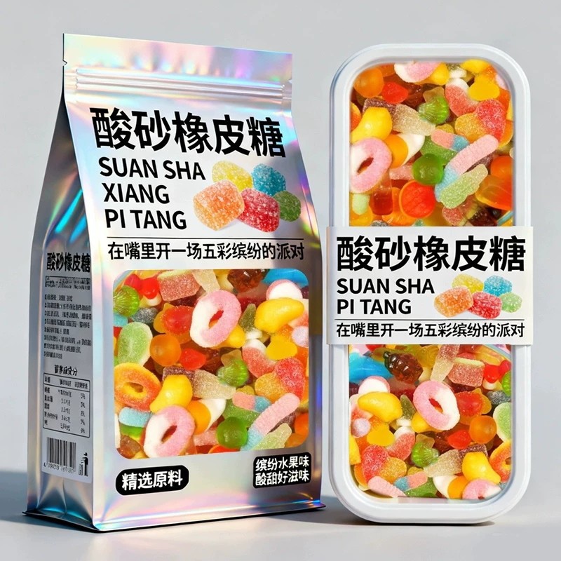 酸砂软糖罐装500g橡皮软糖糖果汁酸沙软糖涂油糖混合装QQ糖水果味