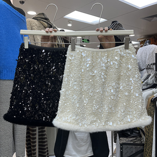 韩系重工亮片丝绒拼接毛毛半身裙女2025秋冬高腰显瘦a字包臀短裙