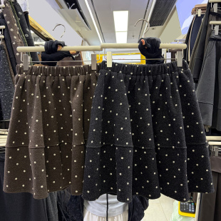 复古波点毛呢花苞半身裙女宽松显瘦休闲A字中裙秋冬季潮流蓬蓬裙