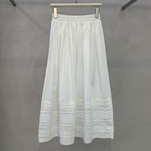 刺绣a字中长伞裙 新款 法式 气质白色压褶拼接蕾丝半身裙女2026春季