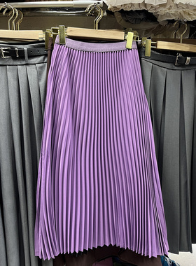优雅紫色大摆风琴褶半身裙欧货松紧腰垂坠感显瘦百褶裙中长款伞裙