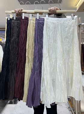 三宅旅游度假紫色褶皱半身裙2025春季新款垂感压褶大摆光泽感长裙