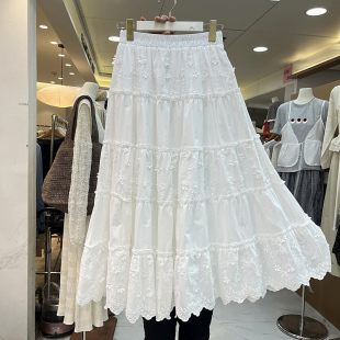 重工立体刺绣花朵半身裙女2025春夏新款 松紧腰木耳边拼接蛋糕长裙