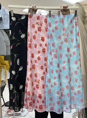 蓝色碎花雪纺鱼尾长裙女2025夏季新款小清新印花荷叶边包臀半身裙