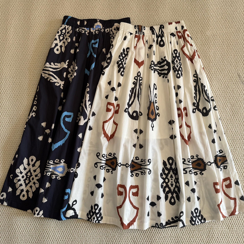复古民族风图腾印花半身裙女A字裙中长款显瘦度假风文艺口袋伞裙