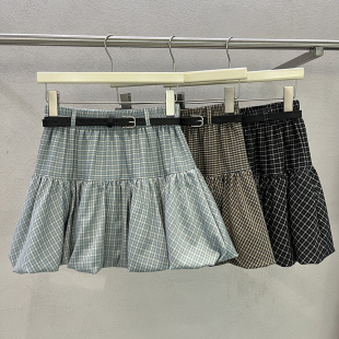 学院风复古格纹花苞半身裙女春夏季 减龄高腰A字短裙小个子灯笼裙